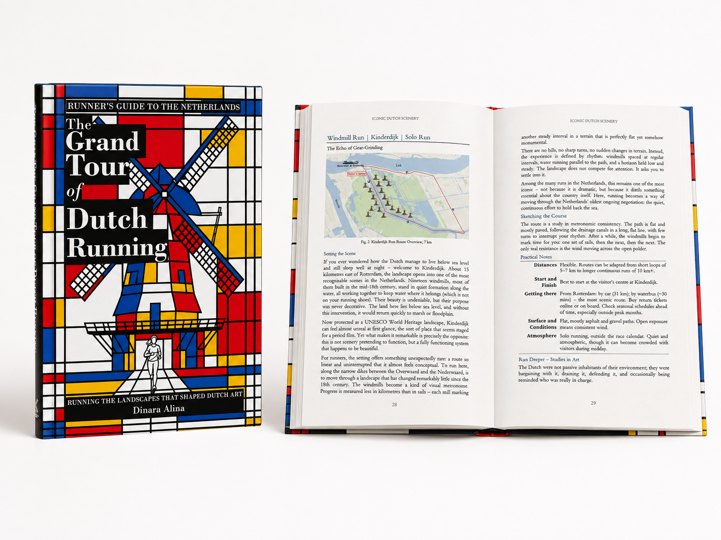 The paperback standing beside an open Kinderdijk Windmill Run spread